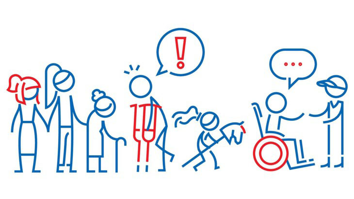 En grupp människor med olika typer av tillgänglighetsutmaningar